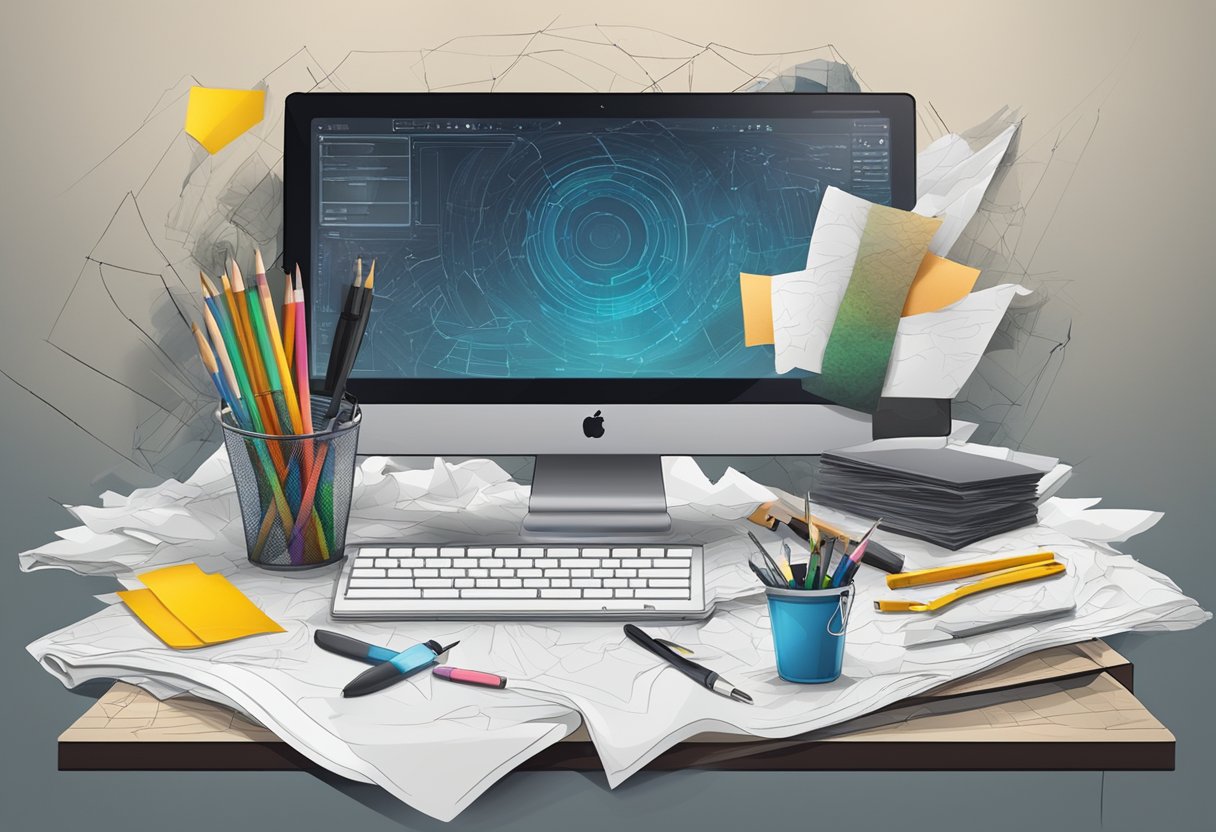 A computer screen displaying a digital art program with various tools and layers, surrounded by scattered eraser marks and crumpled paper