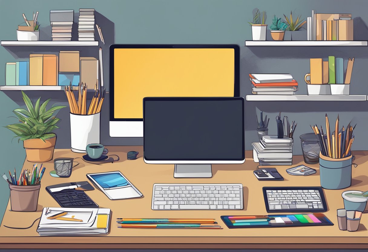 A digital artist's workspace with a computer, drawing tablet, and various art supplies arranged in a cluttered yet organized manner