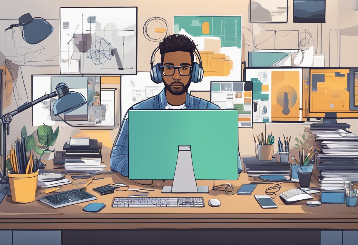 A digital artist at a desk, surrounded by various multimedia tools and equipment, with a computer screen displaying common mistakes and solutions