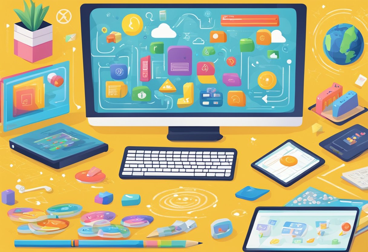 Phonics resources: A colorful computer screen surrounded by playful phonics-related graphics and icons, with a cheerful and engaging layout for primary students