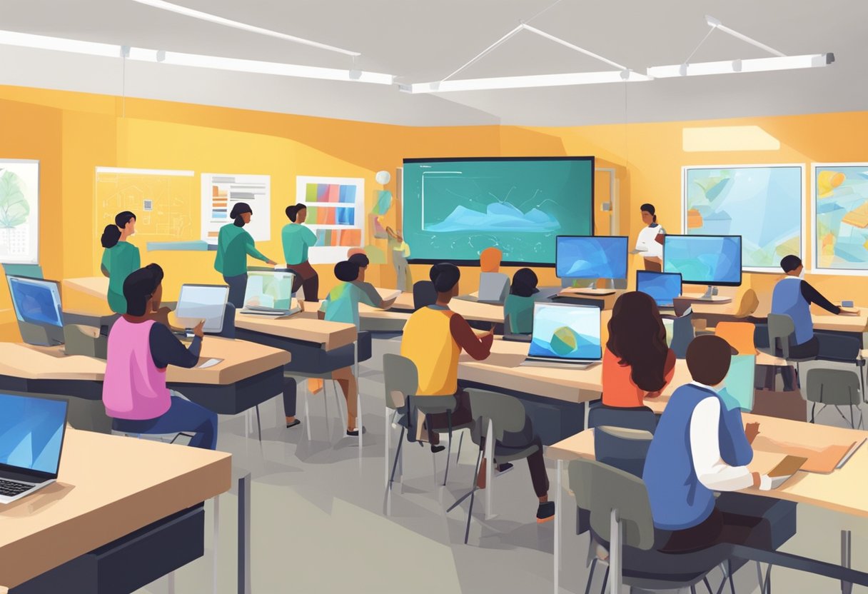 Digital arts: A modern classroom with students using digital tools to create multimedia art