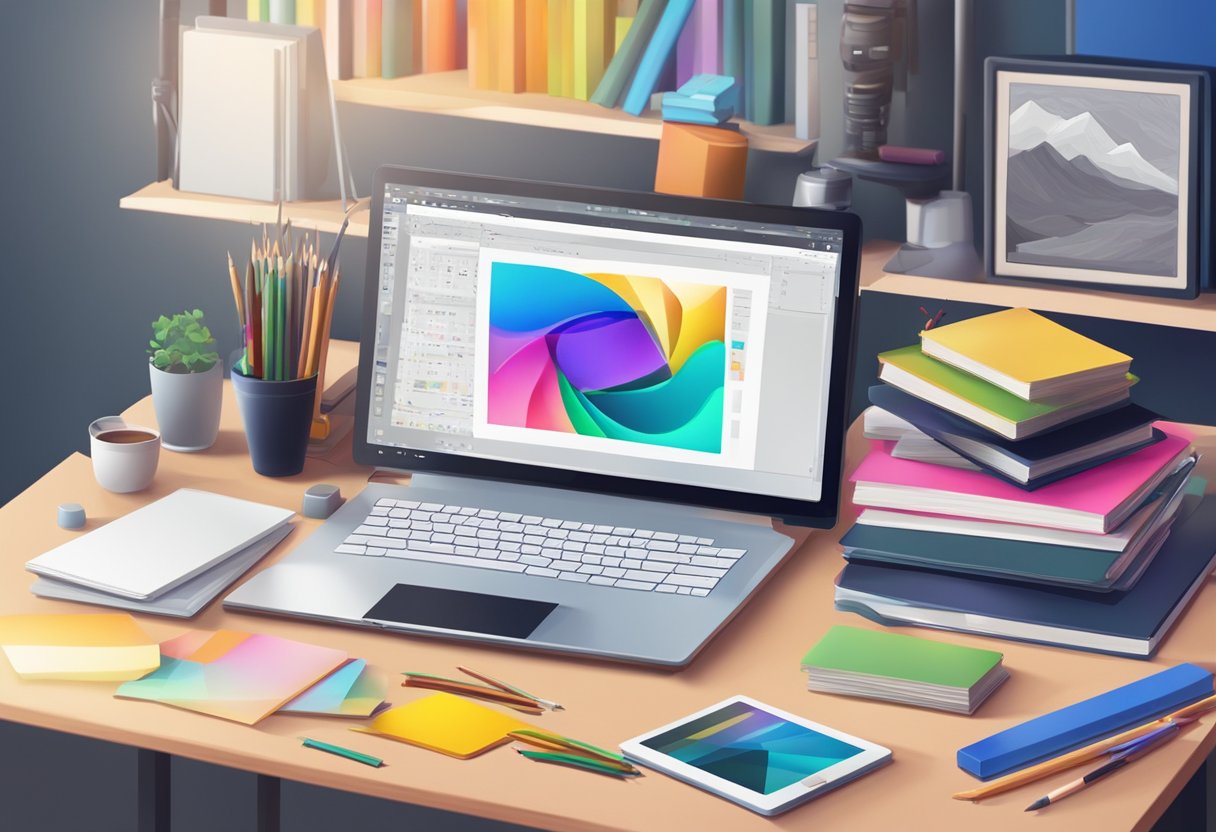 Digital arts: A computer with a digital drawing tablet surrounded by various art supplies and a stack of books on digital arts and multimedia education