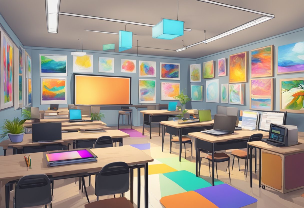 Digital arts: A classroom with digital art tools and equipment, surrounded by colorful artwork and multimedia projects on display