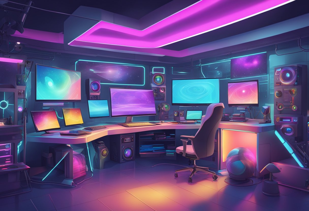 Digital arts: A futuristic digital art studio with high-tech equipment and colorful multimedia displays