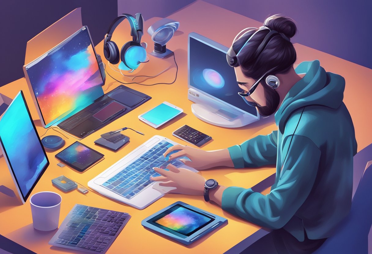A digital artist creating original multimedia pieces, surrounded by various electronic devices and tools, while exploring new trends in digital arts and intellectual property