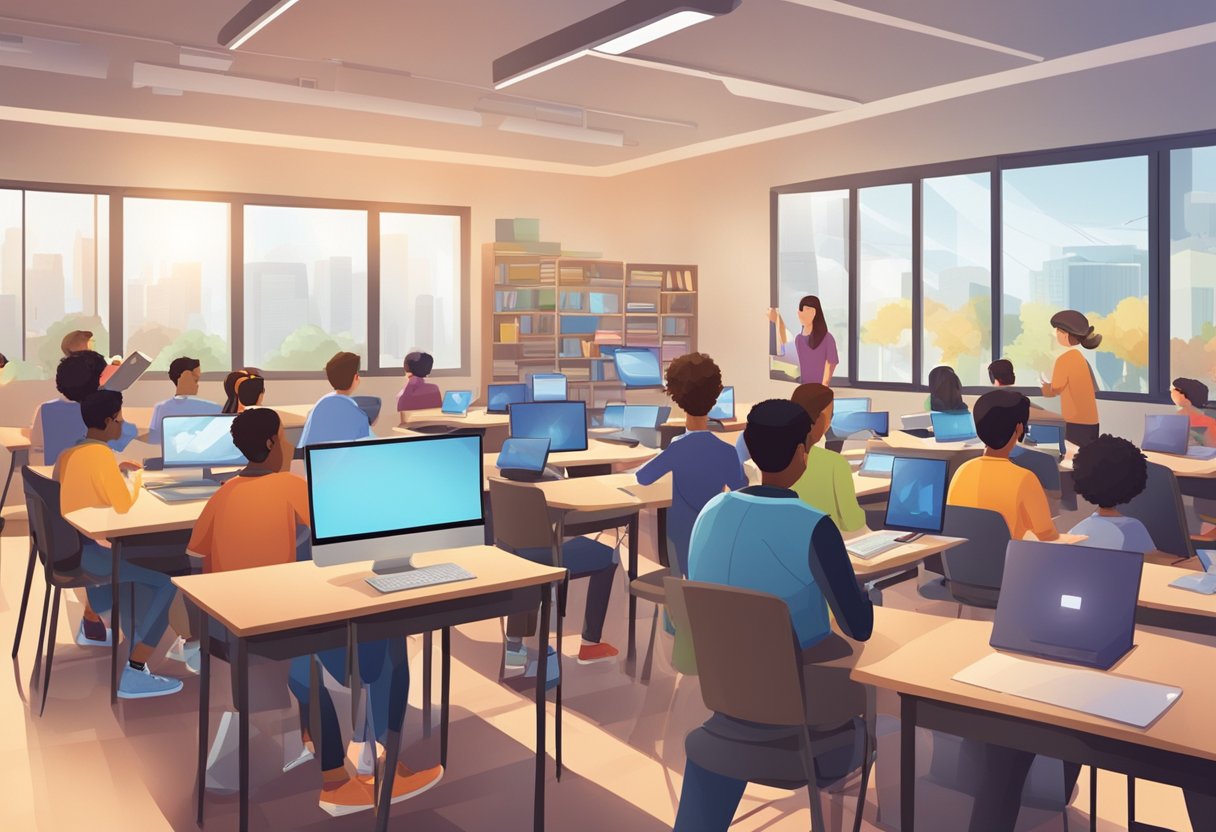 Digital arts: A classroom setting with students engaging in digital arts and multimedia activities, surrounded by modern technology and creative tools