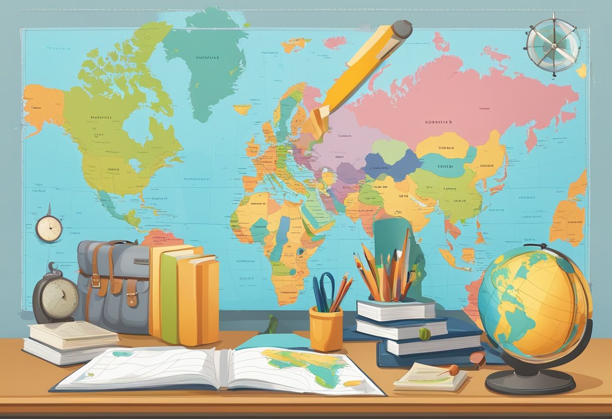 Geography: A colorful map of the world surrounded by globes, compasses, and geographical tools on a desk. A teacher's planner and educational resources are neatly organized nearby