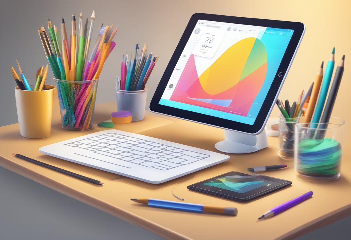 Digital Arts: A digital tablet displaying a progress tracking interface for digital arts, surrounded by various art tools and equipment