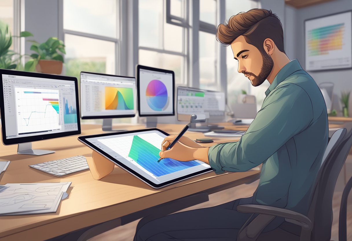 Digital Arts: A digital artist uses a stylus to create a multimedia project on a tablet, while a progress tracking software displays assessment data in the background