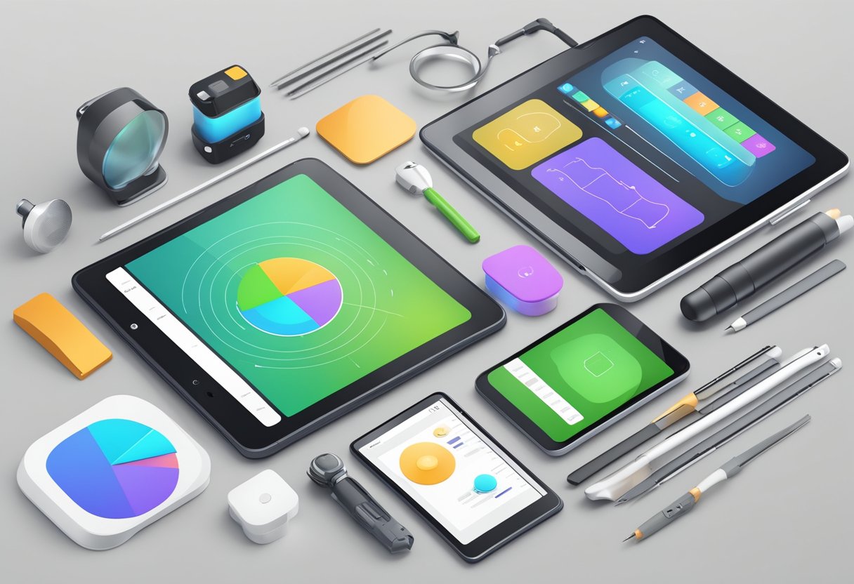 Digital Arts: A digital tablet displaying a progress tracking interface with various tools and multimedia elements surrounding it