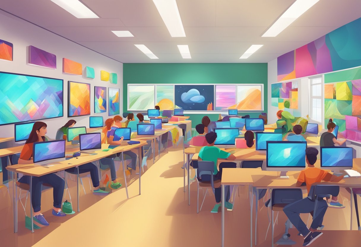 A classroom filled with students working on digital art and multimedia projects using computers and tablets, with colorful and creative designs displayed on the walls