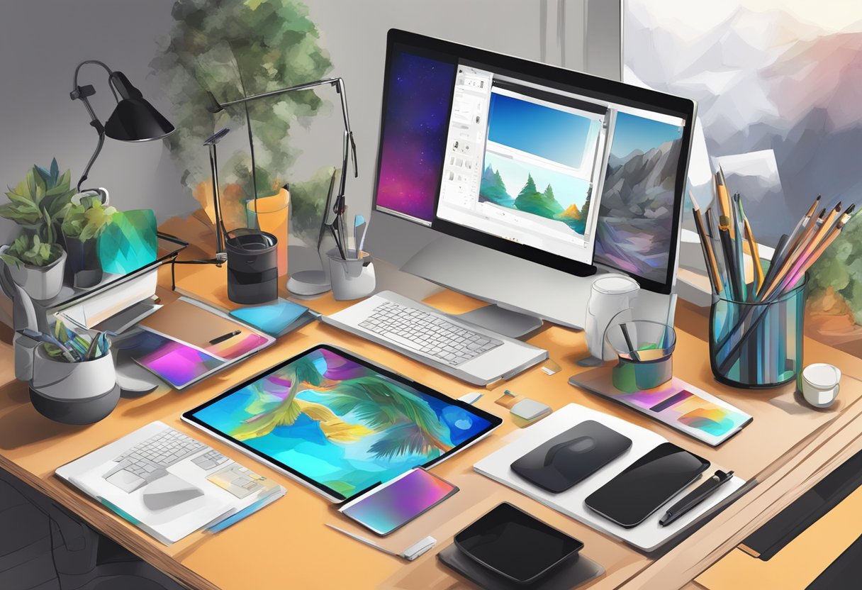 Digital Arts: A digital artist's workspace with a computer, tablet, and stylus surrounded by sketches, digital paintings, and multimedia projects in progress