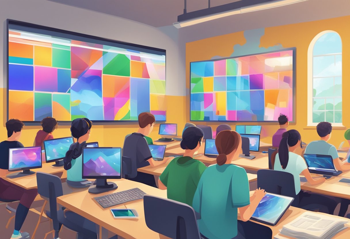 A classroom filled with students working on digital art projects using computers and tablets, with colorful and creative images displayed on the walls