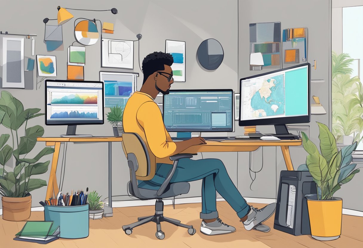 Digital Arts: A digital artist sits at a desk surrounded by computer monitors, tablets, and drawing tools. They are using various software programs to assess and track their progress in creating multimedia artwork