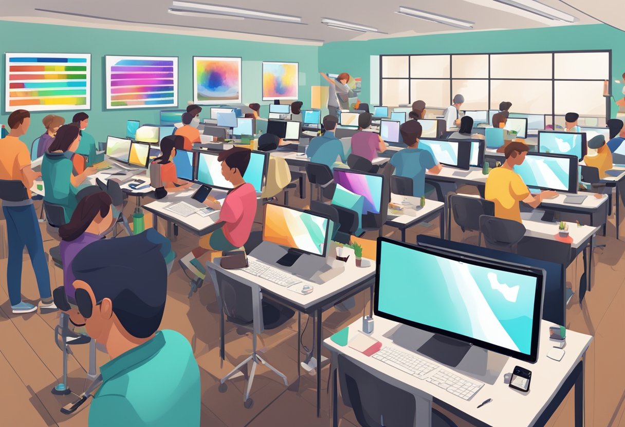A classroom filled with students working on digital art and multimedia projects, surrounded by computers, tablets, and art supplies