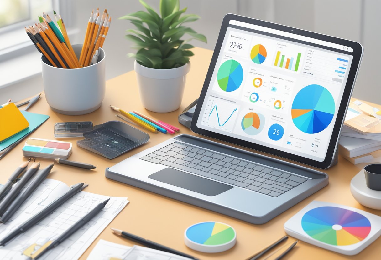 Digital Arts: A digital tablet displaying a progress tracking interface, surrounded by art supplies and reference materials in a well-lit studio space