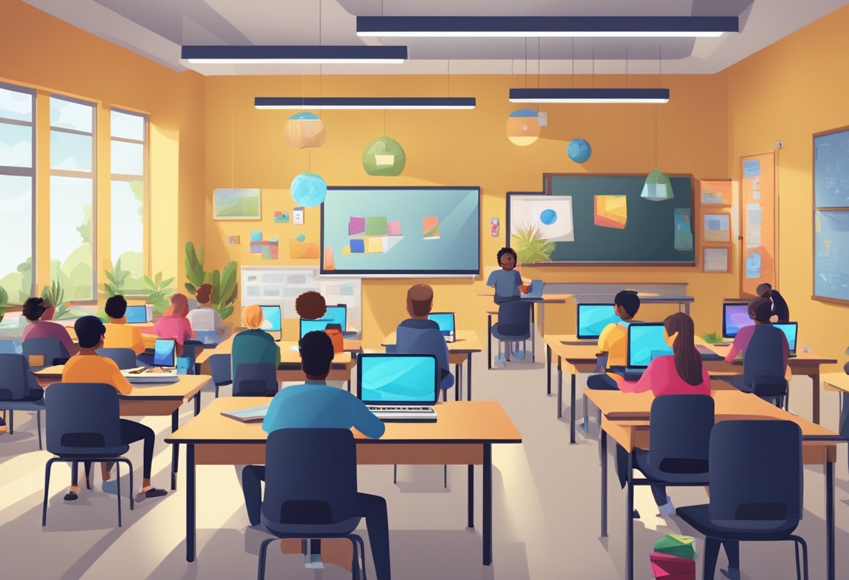 A classroom with students using digital art and multimedia tools. Computers, tablets, and creative projects are visible. Bright, engaging atmosphere
