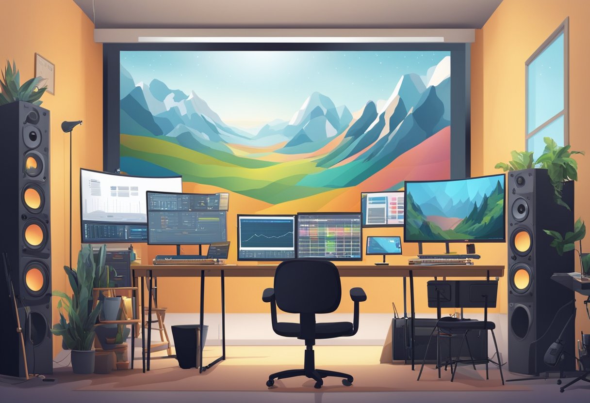 A digital arts studio filled with various multimedia tools and equipment, with progress charts and assessment data displayed on a large screen
