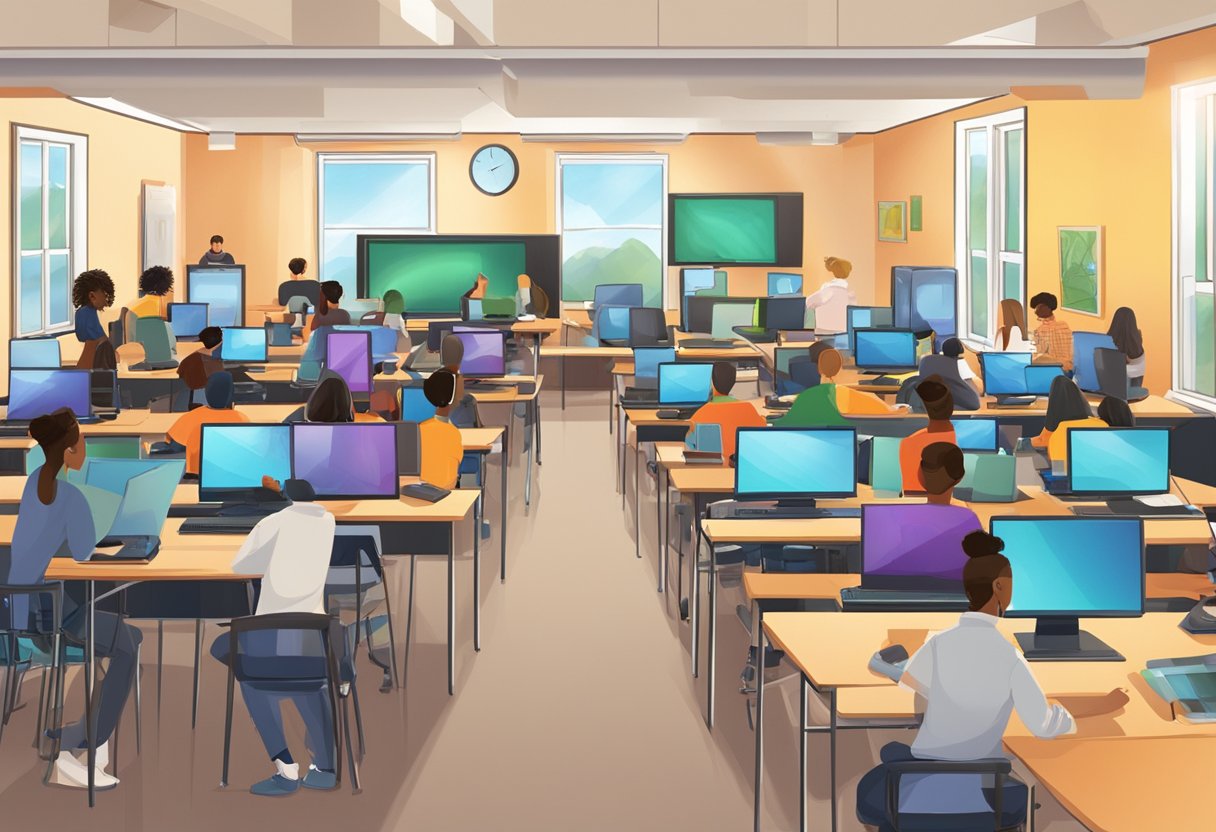 A classroom setting with students engaged in various digital arts and multimedia projects, using computers, cameras, and other creative tools