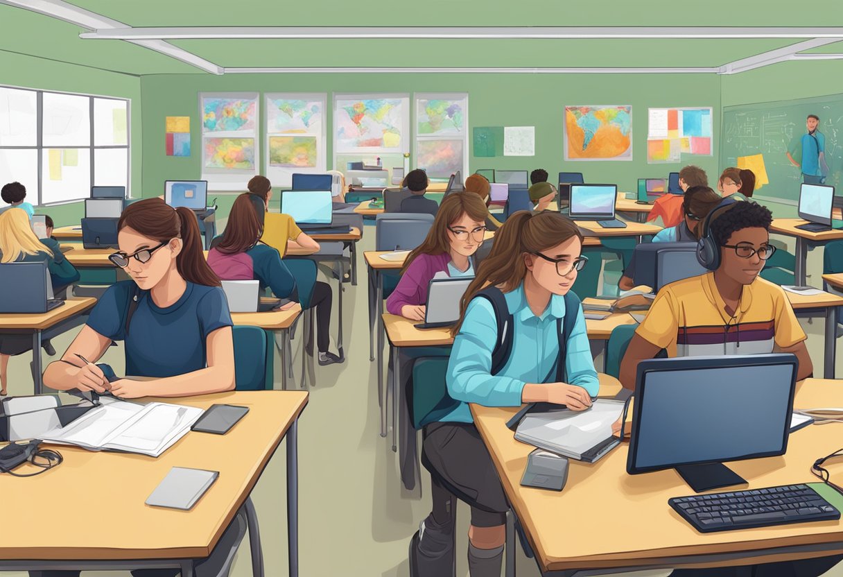A classroom filled with students working on digital art projects using various multimedia tools and software
