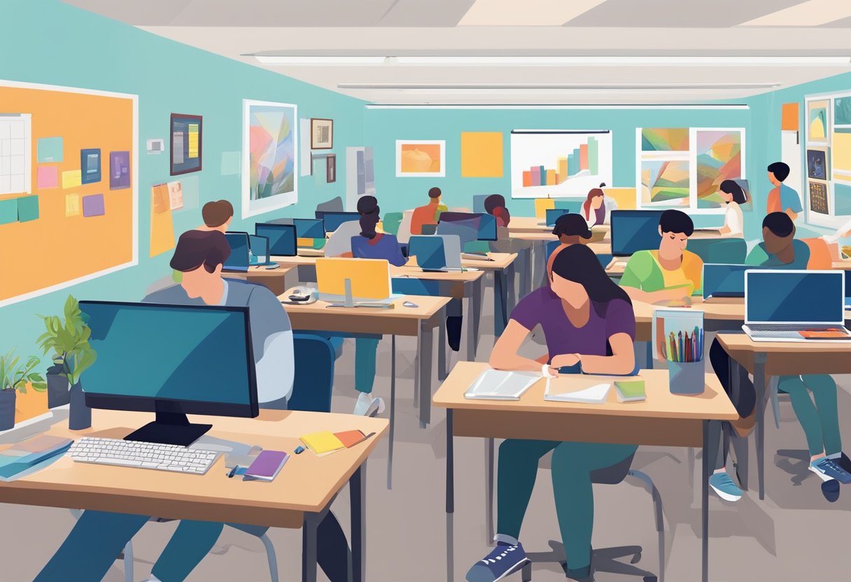 A classroom with students working on digital arts and multimedia projects, surrounded by computers, art supplies, and creative inspiration