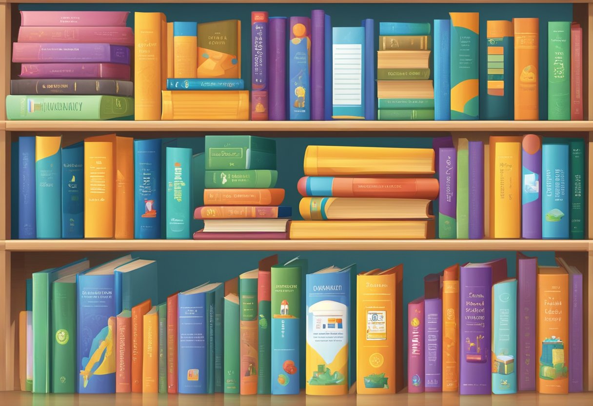 A colorful display of financial literacy books and educational materials for children, arranged neatly on a shelf