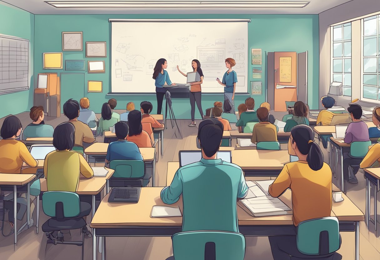 A classroom filled with students working on digital art and multimedia projects, with teachers guiding and supervising the creative process