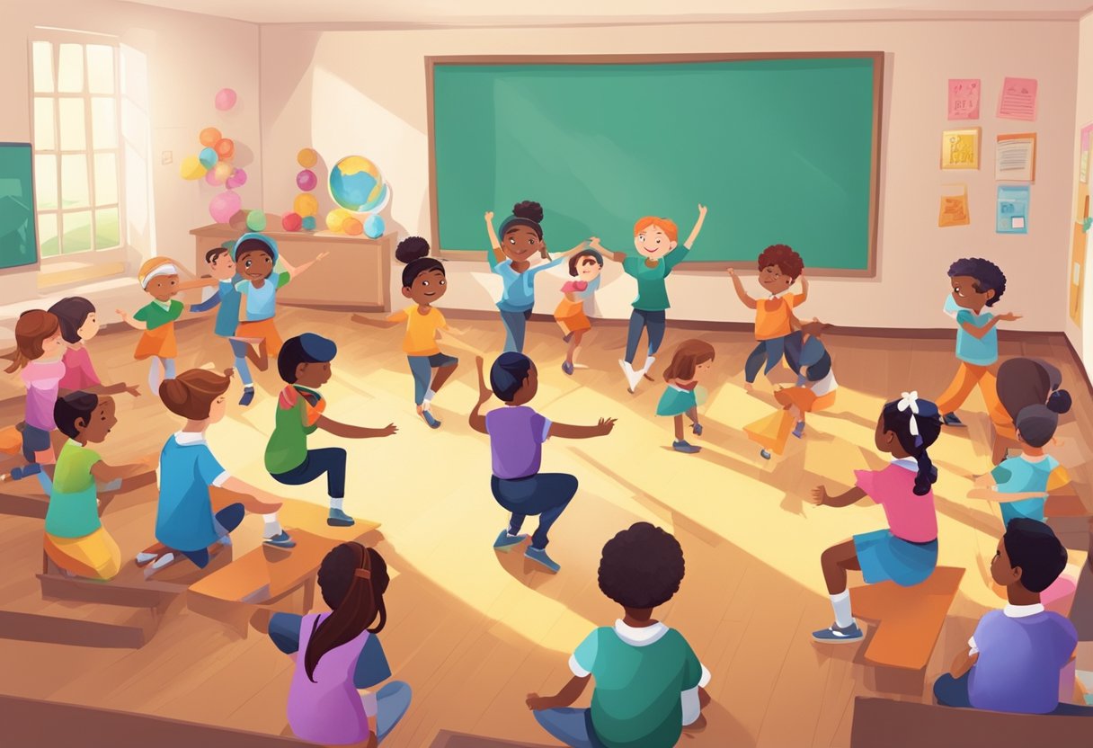 A group of upper primary students engaged in various performing arts techniques, such as dance, music, and theater, in a well-equipped classroom with colorful props and instruments