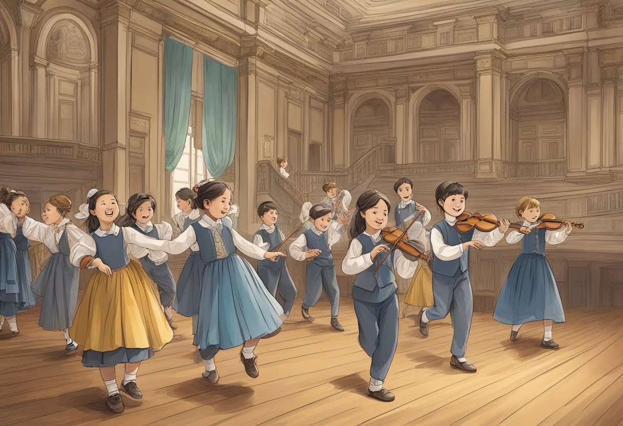 A group of upper primary students engage in various performing arts activities, such as dance, music, and theater, in a historical setting