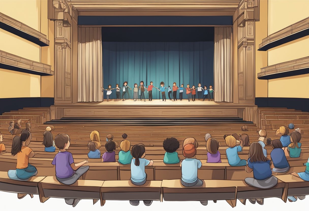A group of upper primary students practicing advanced performing arts techniques on a theater stage