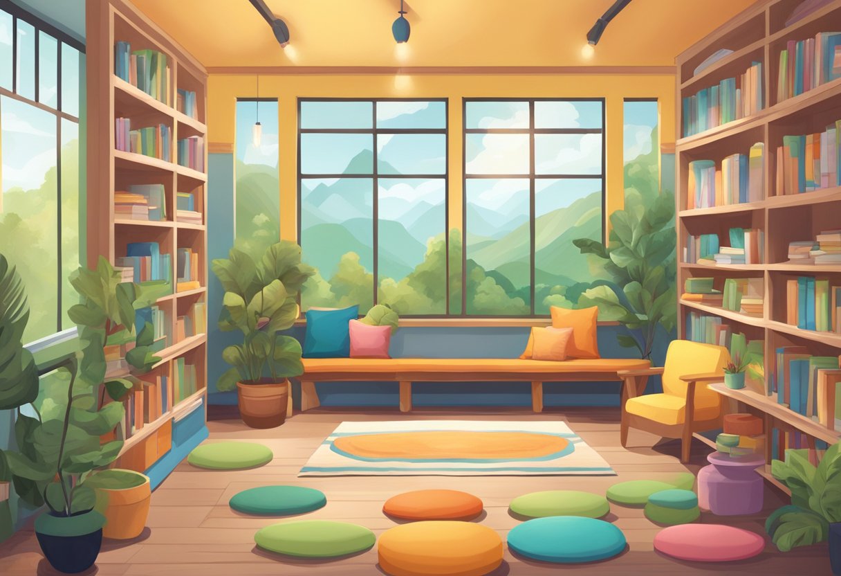 A colorful classroom with a cozy reading nook, a calming nature mural, and shelves filled with mindfulness books and activities