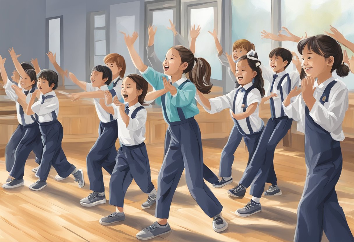 A group of upper primary students engage in advanced performing arts techniques, incorporating visual arts into their performance