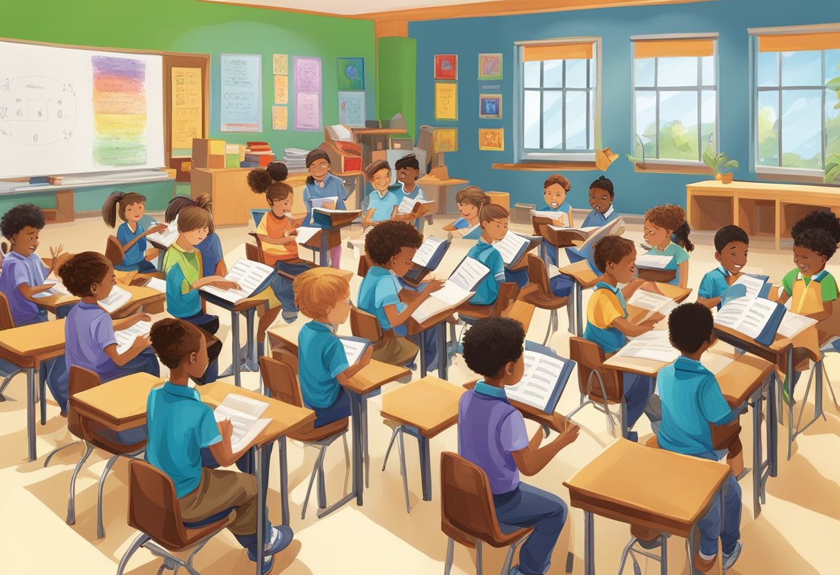 A group of upper primary students engage in advanced performing arts techniques, incorporating music and voice, in a vibrant and dynamic classroom setting