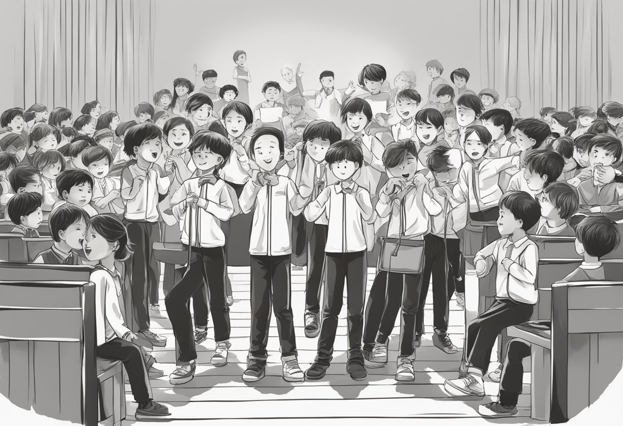 A group of upper primary students engage in advanced performing arts techniques, demonstrating their acting and performance skills on stage
