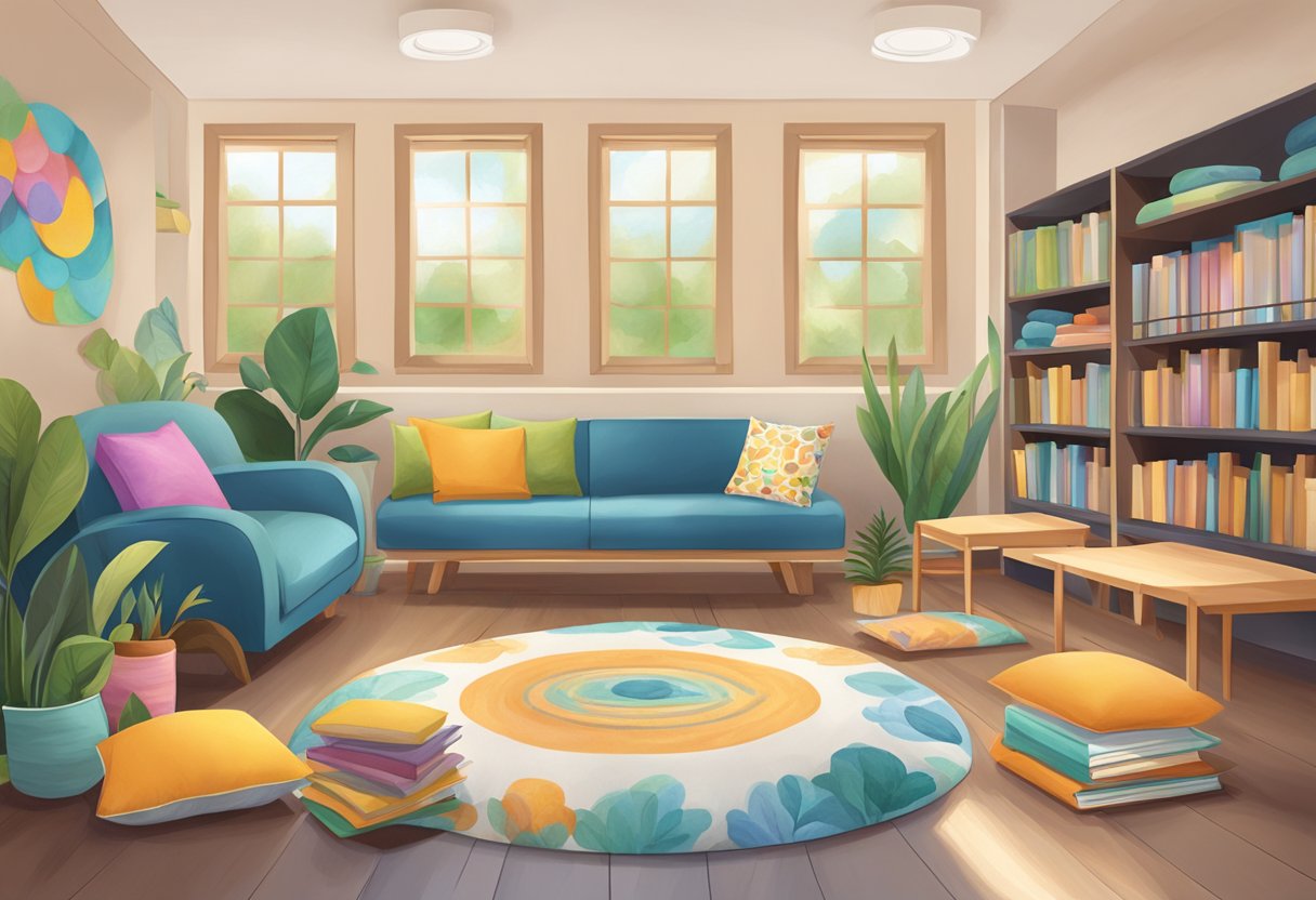 A peaceful classroom setting with colorful mindfulness materials such as meditation cushions, calming artwork, and nature-inspired decorations