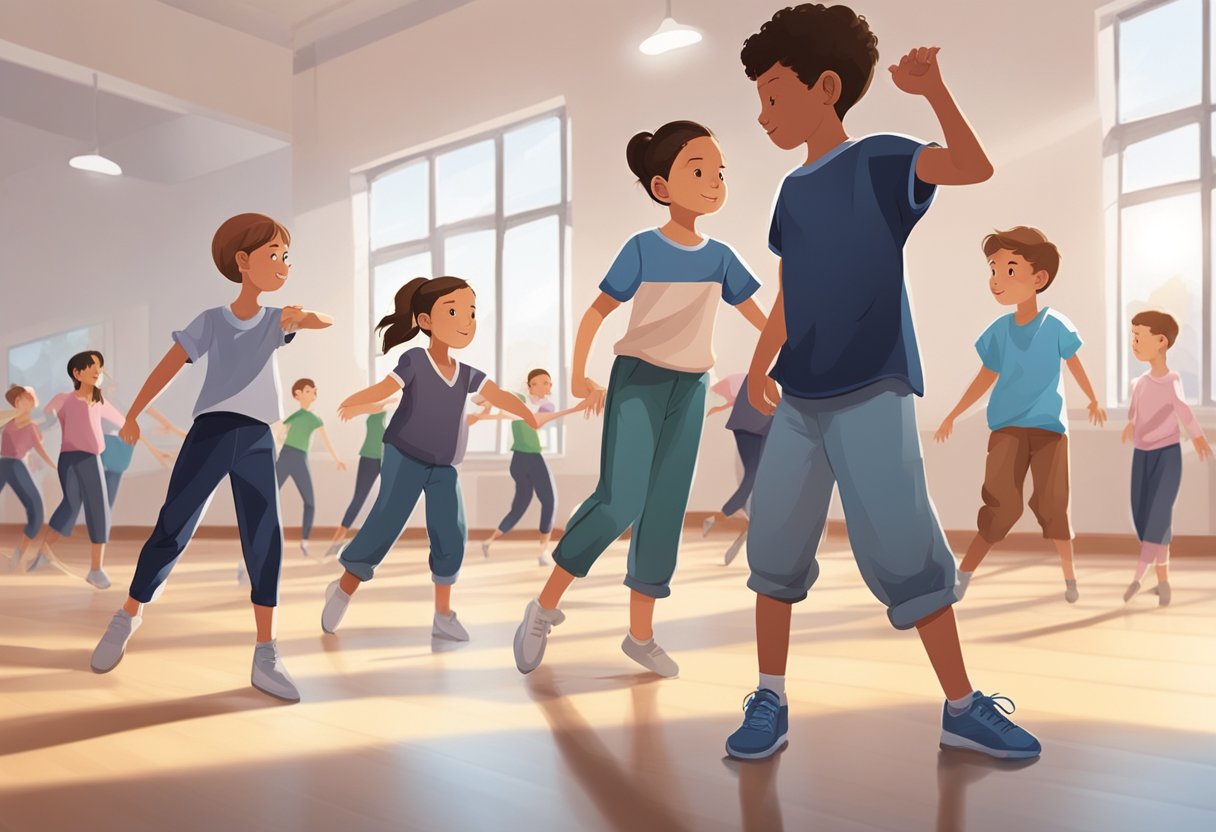 A group of upper primary students demonstrate advanced dance techniques in a spacious, well-lit studio, under the guidance of a skilled instructor Performing arts