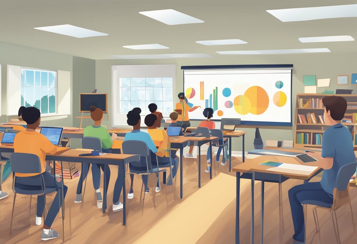 A classroom with students using technology alongside traditional art supplies to create and perform advanced performing arts techniques
