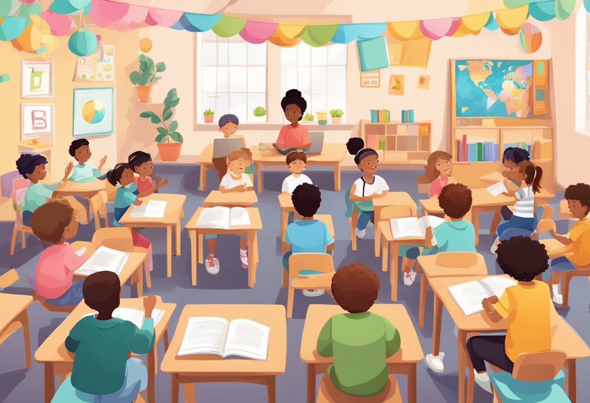 A group of children in a classroom practicing mindfulness exercises, surrounded by colorful posters and calming decorations