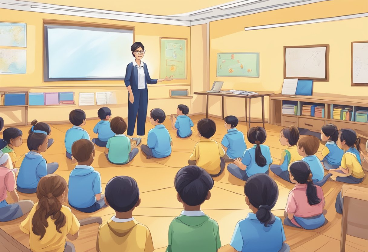 A group of upper primary students engaging in advanced performing arts techniques, with a teacher leading the class and answering frequently asked questions