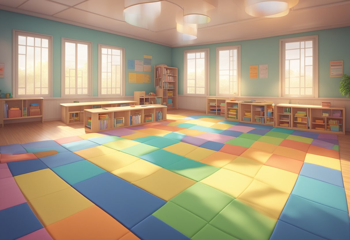 A serene classroom with colorful mats laid out in a circle, soft lighting, and a peaceful atmosphere (Mindfulness) 