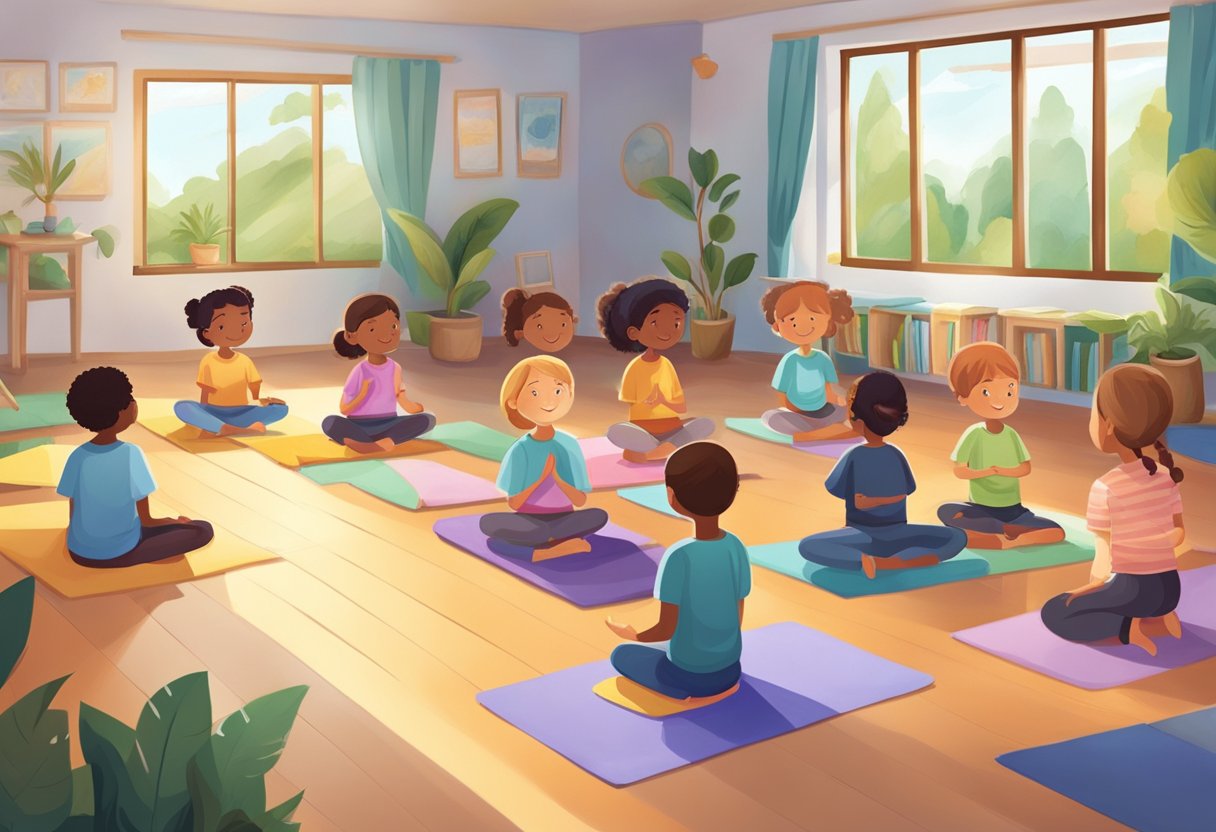 A calm and focused classroom environment with children engaged in mindfulness activities, such as yoga or meditation, surrounded by peaceful and nature-inspired decor
