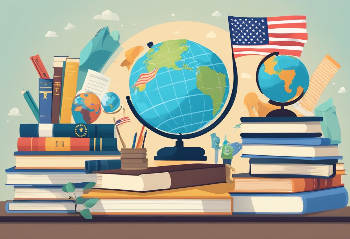 A stack of diverse books on citizenship education with a globe, flag, and other educational resources scattered around
