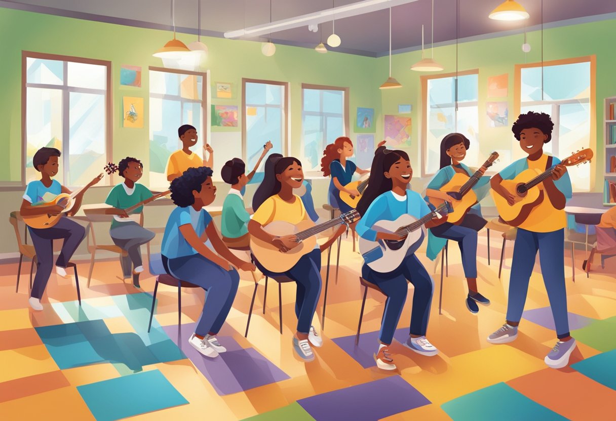 Students engage in various performing arts activities: acting, singing, dancing, and playing instruments in a vibrant classroom setting