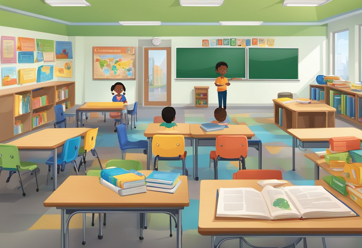 A classroom setting with diverse educational resources on citizenship education, including books, posters, and interactive materials