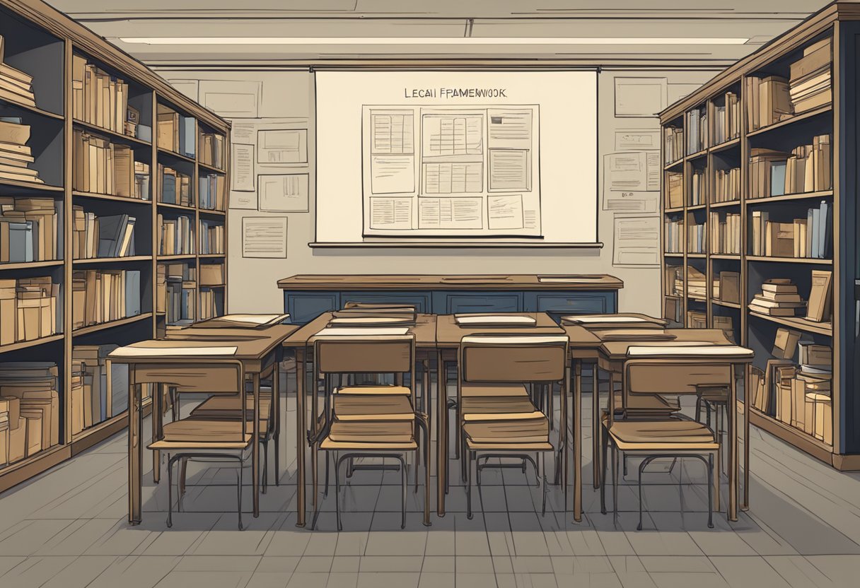 A classroom with a chalkboard displaying a diagram of the legal framework, surrounded by shelves of resources on citizenship education
