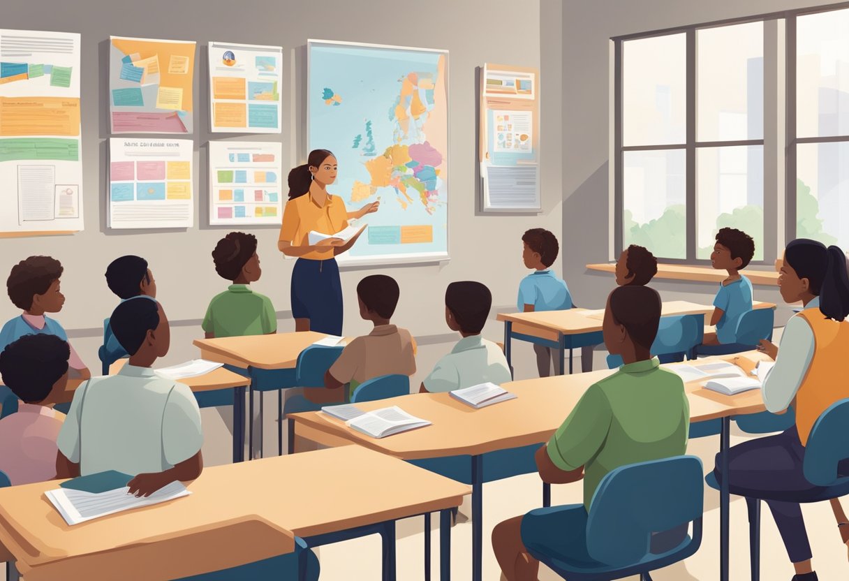 A classroom setting with a teacher and students engaged in a discussion about civic involvement, with posters and educational materials displayed on the walls (Citizenship education)