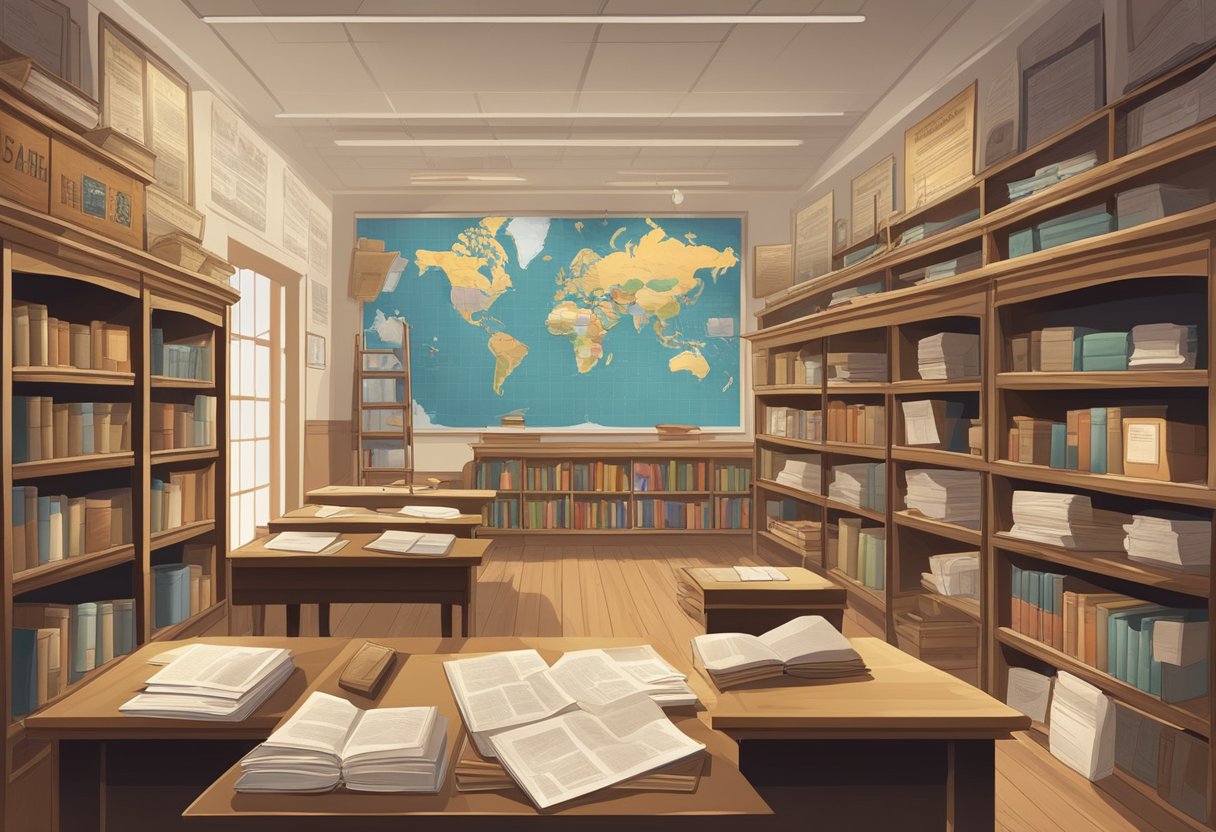 A classroom with historical artifacts and documents related to citizenship, such as old textbooks, maps, and political posters, displayed on shelves and bulletin boards (Citizenship education)