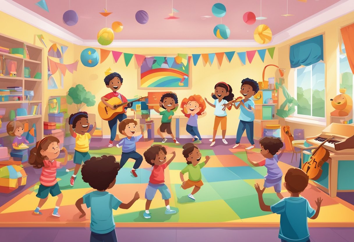Children dancing, singing, and playing musical instruments in a colorful classroom filled with props and costumes (Performing Arts)