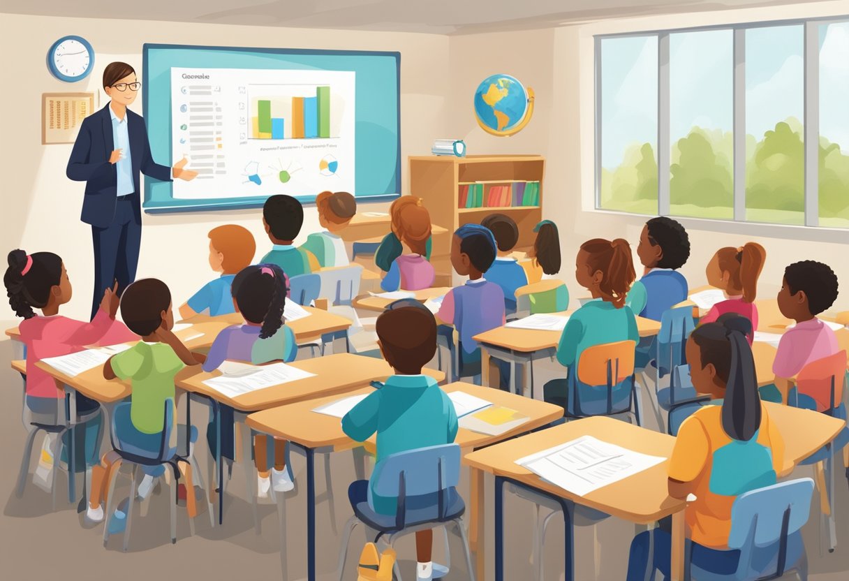 A classroom setting with a teacher presenting resources on a board, while students engage in discussions and activities related to citizenship education