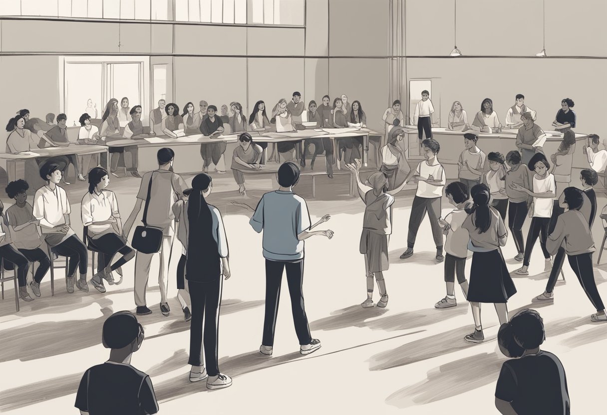 Students gathered around a stage, performing arts materials scattered. A teacher leads a group in a drama exercise, while others practice music and dance in the background
